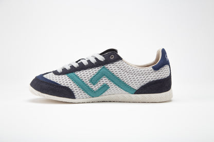 SA77A颯合 CATHAY HONG KONG BAY The brand that spells H with double seven. Sa77a Sustainable sneaker one pair of blue and white sneakers on a white background. 