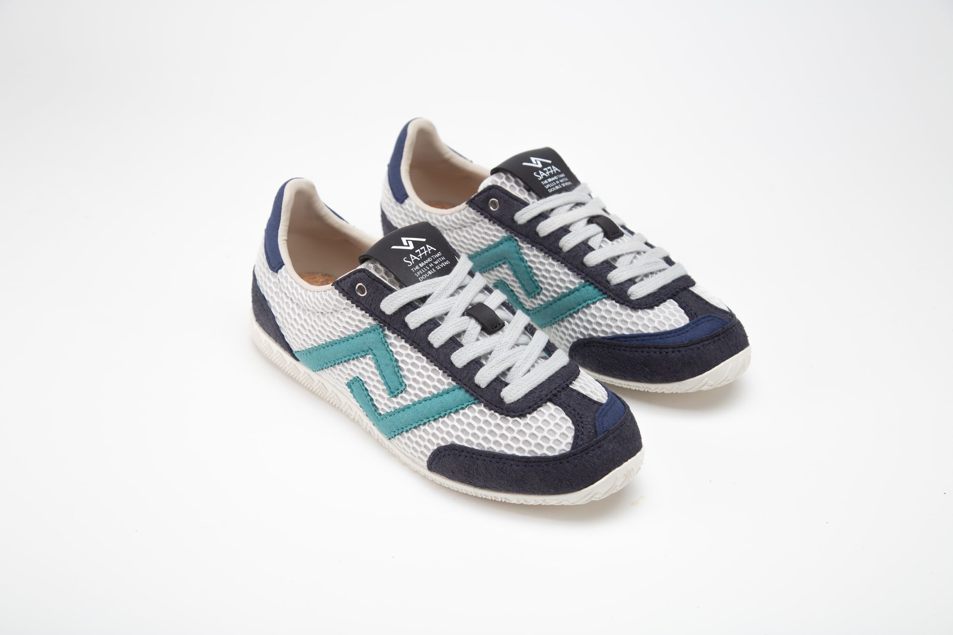 SA77A颯合 CATHAY HONG KONG BAY The brand that spells H with double seven. Sa77a Sustainable sneaker one pair of blue and white sneakers on a white background. 