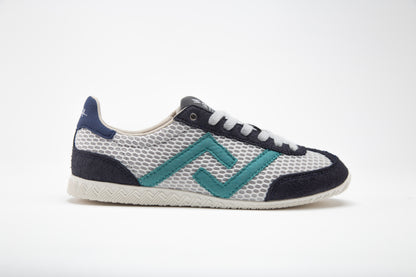 SA77A颯合 CATHAY HONG KONG BAY The brand that spells H with double seven. Sa77a Sustainable sneaker one pair of blue and white sneakers on a white background. 