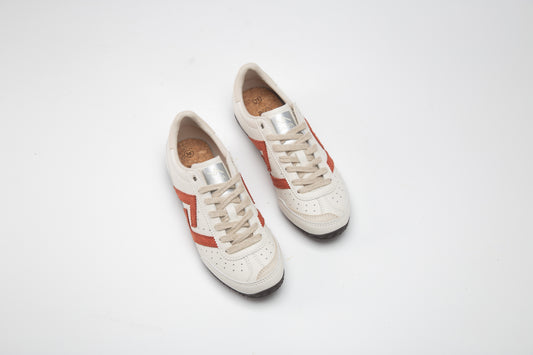 SA77A 颯合Pair of white sneakers with red accents on a light gray background